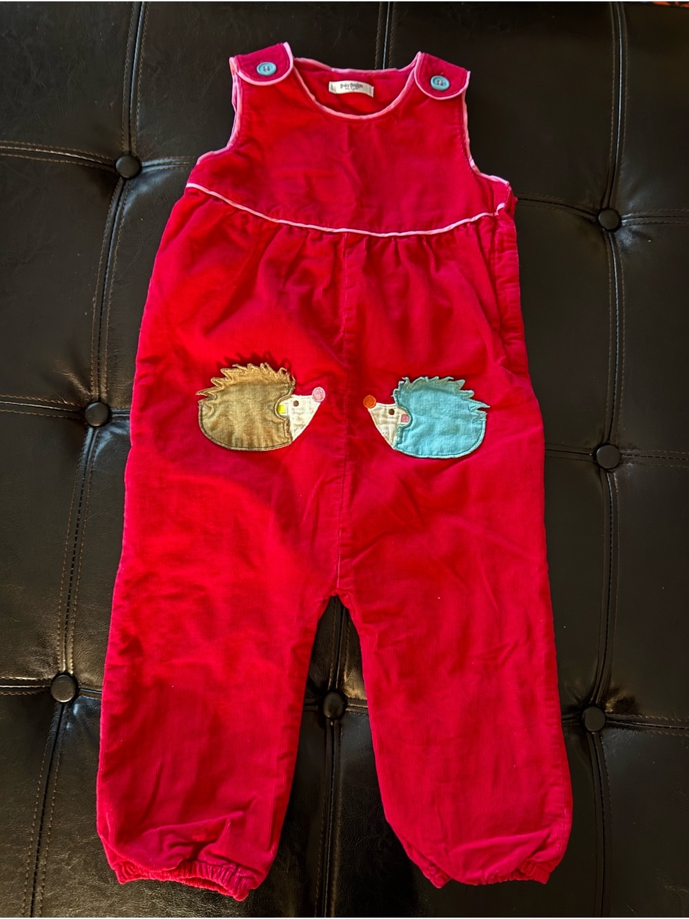Baby Boden Bright Pink Corduroy Hedgehog Appliqué Overalls